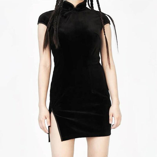 [TT Series] ★Mini length Chinese dress★ Sexy velvet dress SML black slimming slim