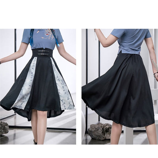 [Kyodo series]★China style skirt★Bottoms Letter pattern switching High waist Black Black S M L XL