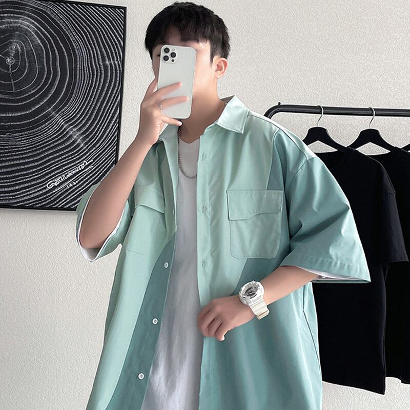 [BIGEMAN Series]★Shirt★ Tops 2color Unisex Men's Large Size Color Scheme Short Sleeve Shirt White Green