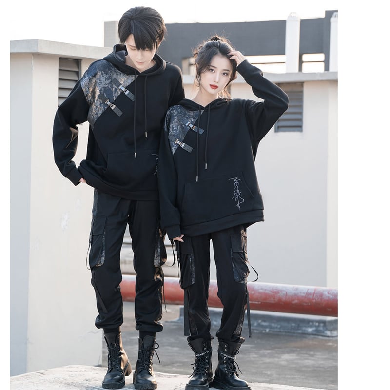 [Kyodo Series]★China style hoodie★ Tops Unisex Men's Switching Black Black Original