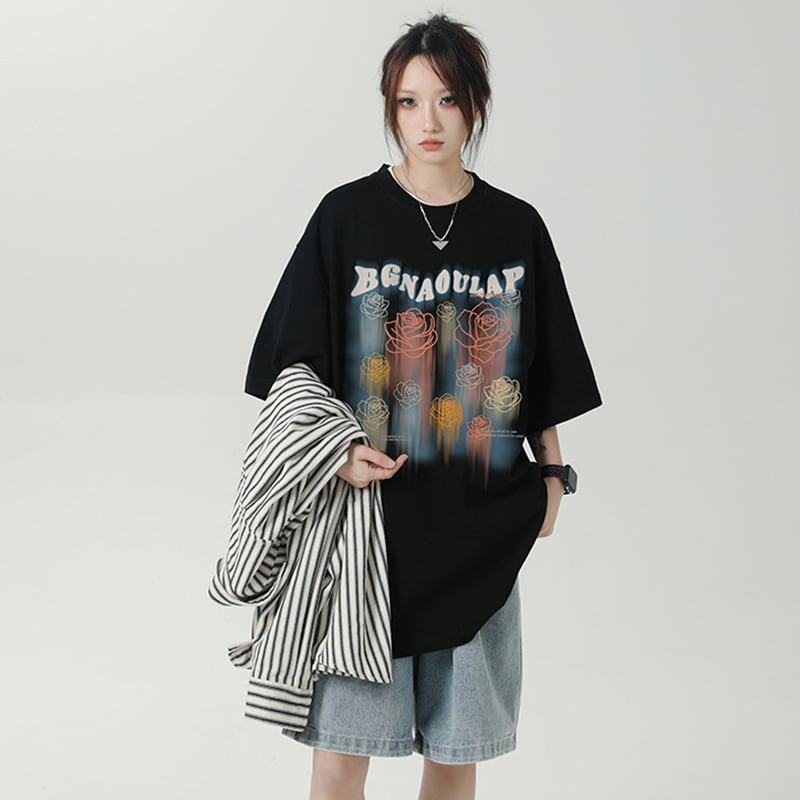 [LIEQU Series]★T-shirt★ 2color Tops Loose Summer Clothes Unisex Men's Rose Black White Casual