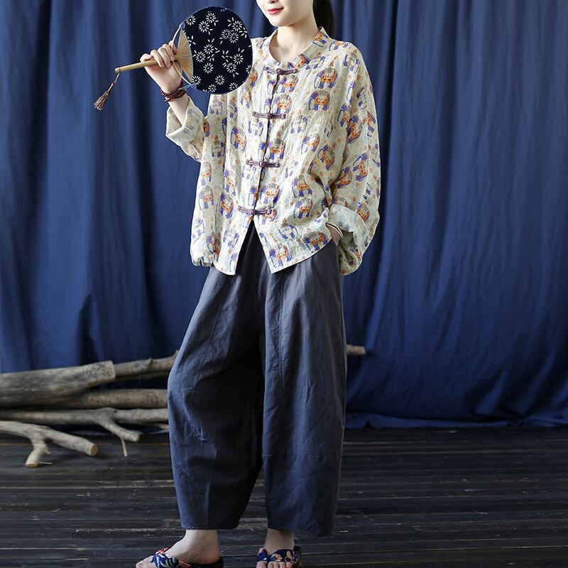 [LINASHANG Series] ★China style tops★ 3color shirt Improved temperament Improved Tang suit Loose print