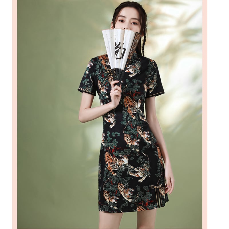 [YUEQIAO Series]★Cheongsam dress★Short length velvet Chinese style dress print retro