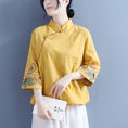 Load image into Gallery viewer, [Qing Series]★Chinese style tops★ 4 colors, floral pattern, 3/4 sleeves, cotton linen, white, blue-green, pink, yellow, Chinese clothing, improved Tang clothing
