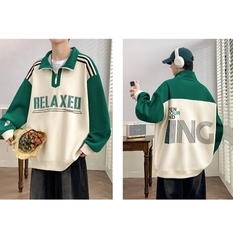 [ZUOFEILI series] ★Tops★ 4color sweatshirt Color scheme Alphabet Unisex Men's Large size Green Beige Black