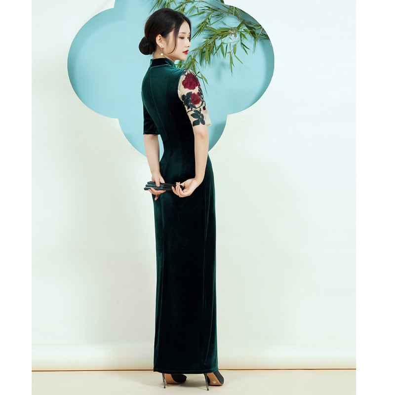 [Encounter dress series] ★Cheongsam dress★ Velvet embroidery Improves temperament Maxi length Large size Green Green