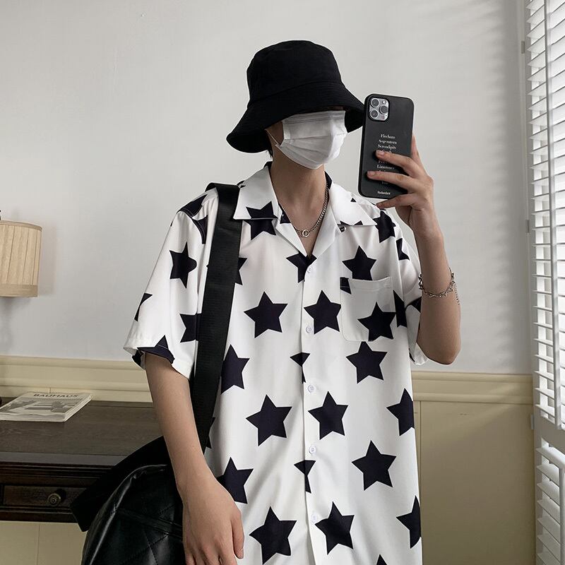 [Illustrated Series]★Shirt★ 2color Tops Star Print Fashion Unisex Men's Summer Clothes Cute Short Sleeve