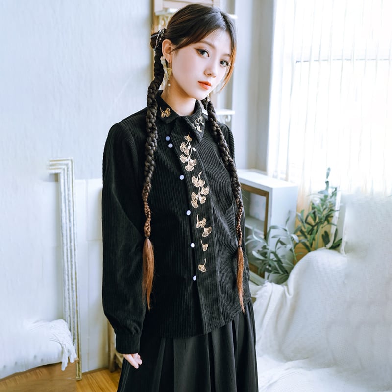 [Kokaisha --- Leaf Series] ★Chinese style tops★ Embroidery Hanfu tops Corduroy Thick Autumn/Winter Clothes Retro Black