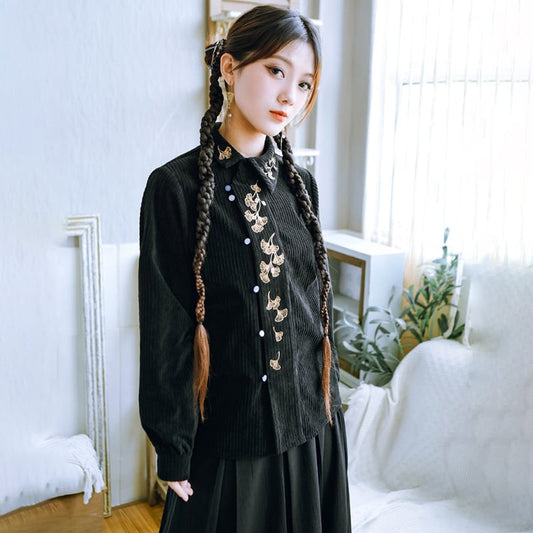 [Kokaisha --- Leaf Series] ★Chinese style tops★ Embroidery Hanfu tops Corduroy Thick Autumn/Winter Clothes Retro Black