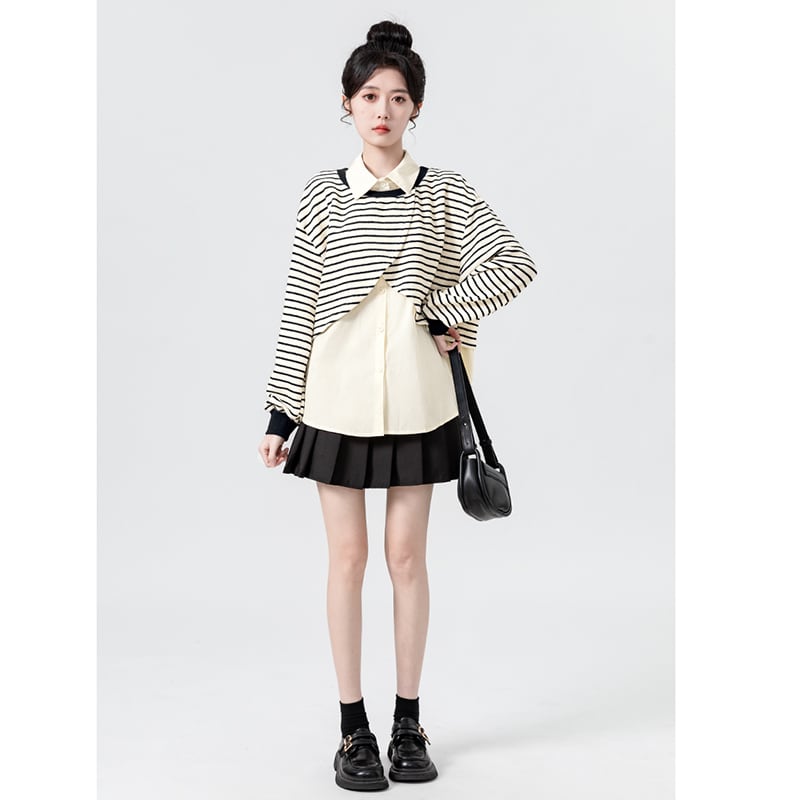 [WEIWU Series] ★Tops★ Fake layered horizontal stripes striped pattern POLO neck fashion SML