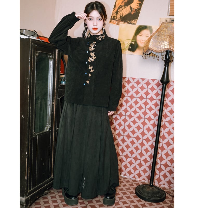 [Kokaisha --- Leaf Series] ★Chinese style tops★ Embroidery Hanfu tops Corduroy Thick Autumn/Winter Clothes Retro Black