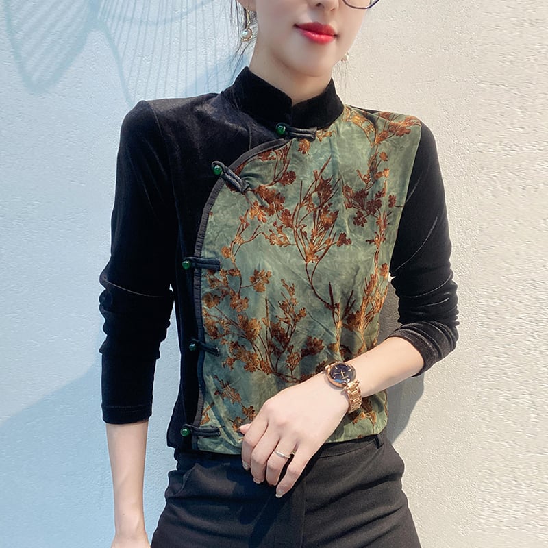 [XUAN series]★China style shirt★ 2color Chinese style tops velvet floral pattern switching large size