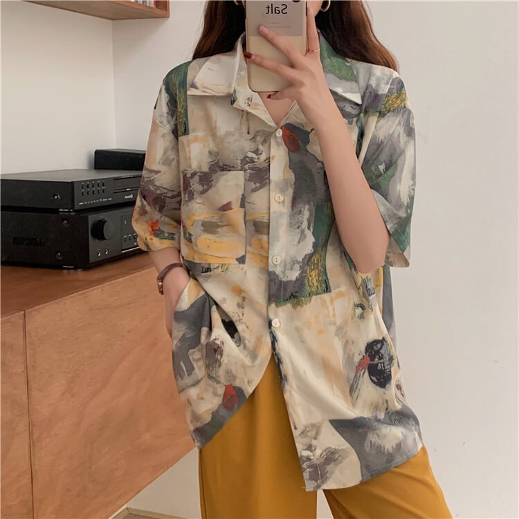 [YIHAO Series]★Shirt★ Tops Oil Painting Style Men's Short Sleeve Shirt Summer Clothing Women's Fashion Cool