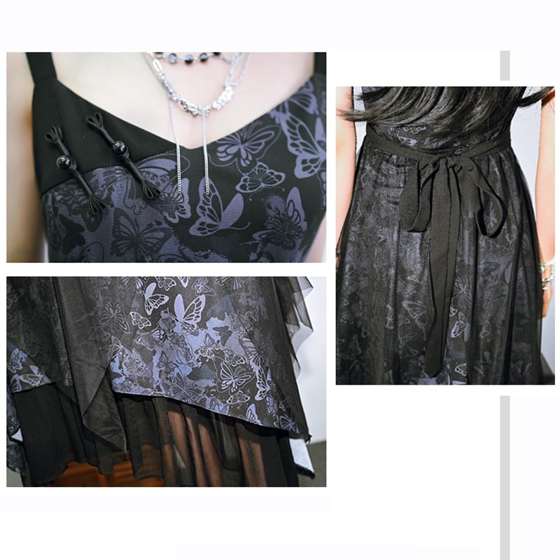 [Ancient monster house --- Butterfly series] ★China style dress★ Hanging dress Butterfly pattern print Long length Cute