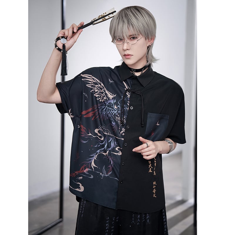 [Kyoto---Mountains and Seas - 囂 Series]★Chinese style setup, single item order★ Shirt or pants, lettering pattern, unisex, men's