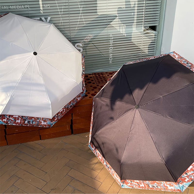 [Hin Umbrella STUDIO Series] ★China style umbrella★ Rainy &amp; sunny 2color 8 ribs dual use tri-fold umbrella manual &amp; jump rainy season rainproof soup oil painting style sun protection deer