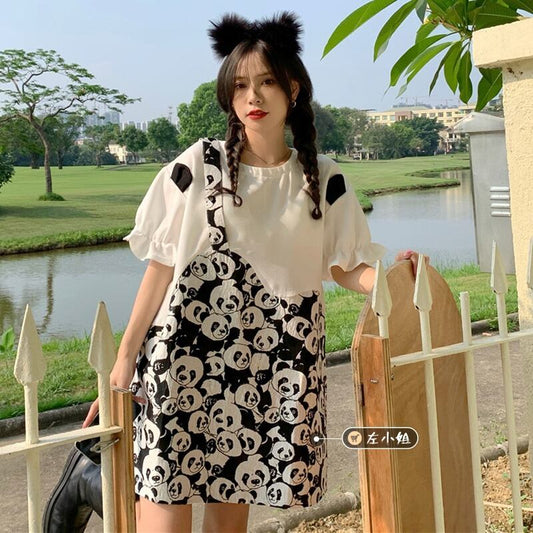 [Left Sister Series] ★One Piece★ Panda Super Cute Loose Round Neck Short Sleeve Short Length Switchable