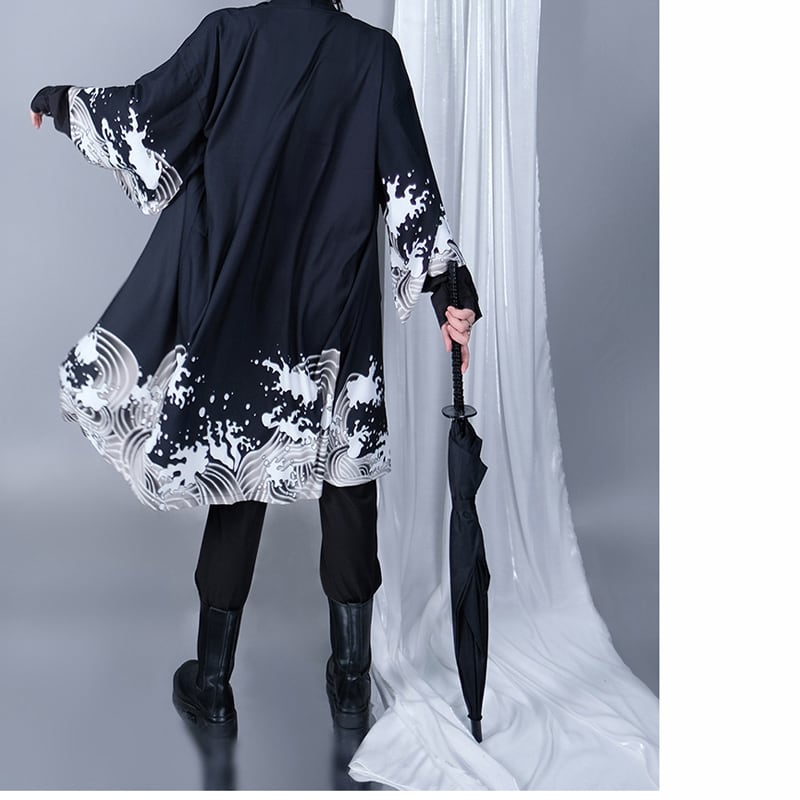 [Kuraho Koya Series]★China style happi coat★2color black or white wave pattern print chiffon improved Hanfu Hanfu coat thin