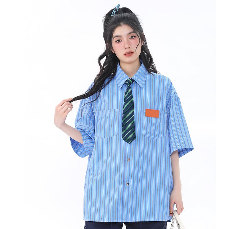 [Escaped Earth Series]★Shirt with tie★ 3color tops, short sleeve shirt, unisex, men's, vertical stripes, striped pattern, loose fit