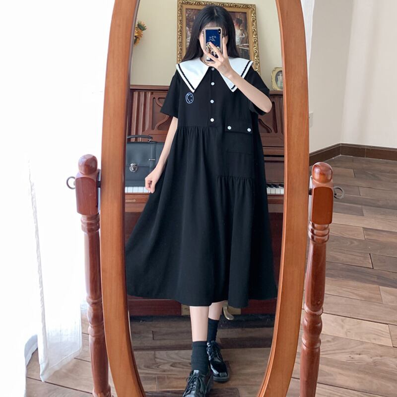 [Dong Xiaojie Series] ★One Piece★ Large Size Summer Short Sleeve Dress Ladies Fashion Black Black Black