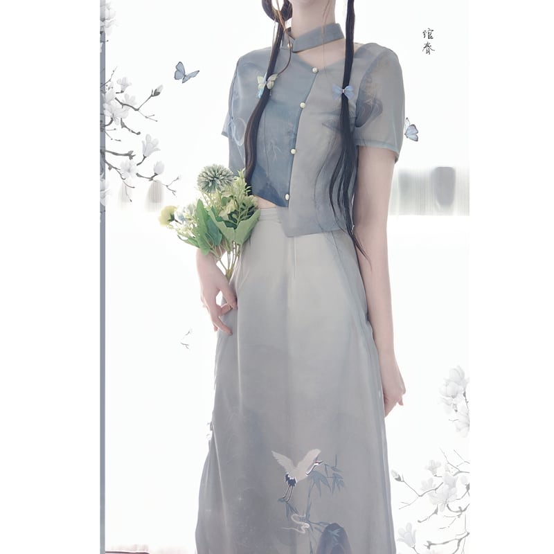 [Dust Smoke Cloud Dream---White Crane Tour Series] ★Chinese style tops★ Chinese clothing, improved Han clothing, Han clothing tops, short sleeve tops, short length