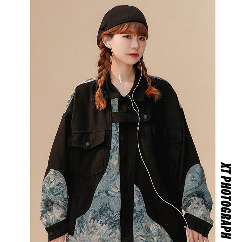 Now on sale [FKZ series] ★Jacket★ Outerwear 2color floral pattern switching unisex unique large size beige black