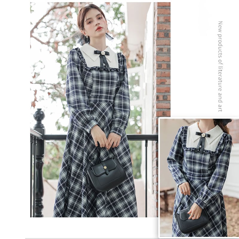 [Big Orange Series] ★One Piece★ Plaid Retro Ladies Commuting Date School Blue Blue Cute