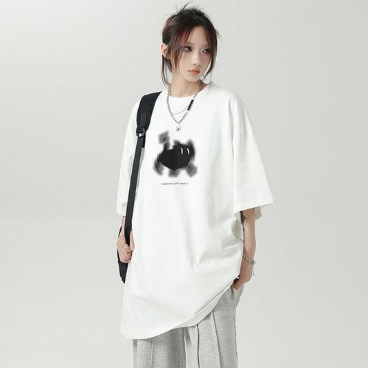 [LIEQU Series]★T-shirt★ 3color Tops Loose Summer Clothes Unisex Men's Cat Black White Easy to match