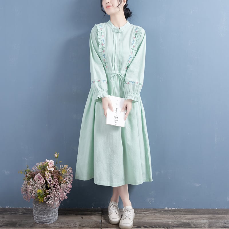 [Qing Series]★Chinese style dress★ 5color embroidery Improves temperament White Apricot Green Purple Orange