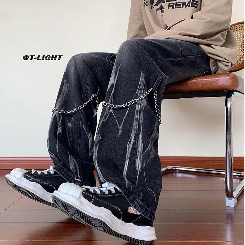 [Tiaota Series]★Denim Pants★ 3color Bottoms Casual Pants with Chain Unisex Men's Large Size