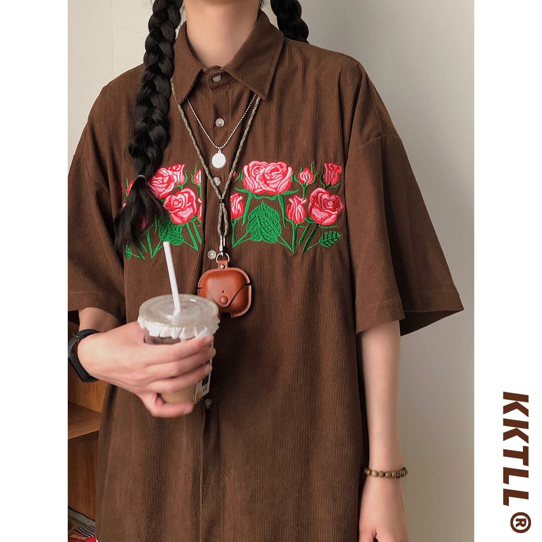 [FANMAN Series]★Shirt★ 2color Tops Short Sleeve Shirt Unisex Men's Embroidery Rose Brown Navy