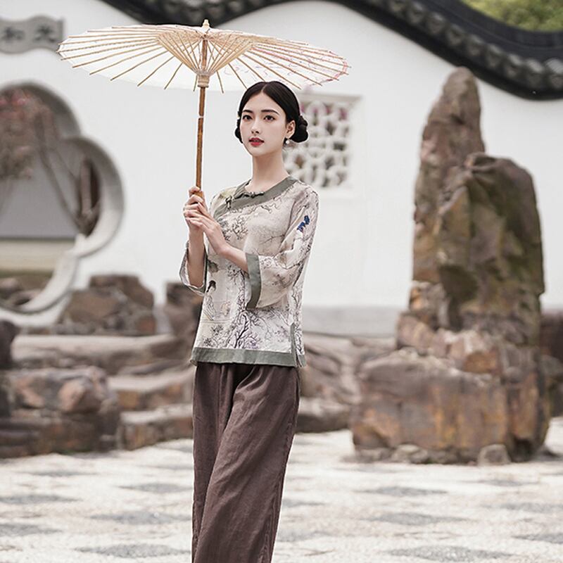 [Mingsho Series]★China style tops★ Shirt Improves temperament Improved Tang suit Loose print Retro Summer clothes