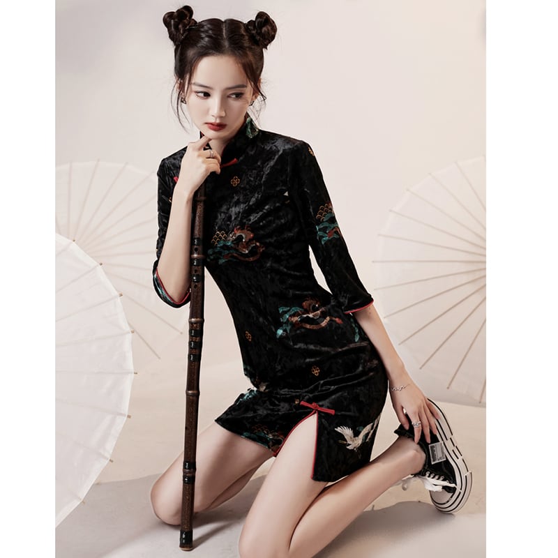 [YUEQIAO Series]★Cheongsam dress★Short length crane velvet Chinese style dress slimming