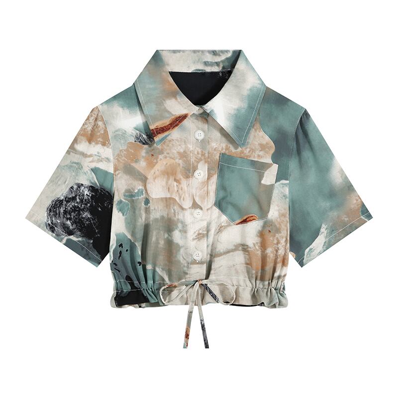 [ANAMONE Series] ★Retro shirt★ Printed oil painting style short sleeve mini length SML Summer date Unique cute