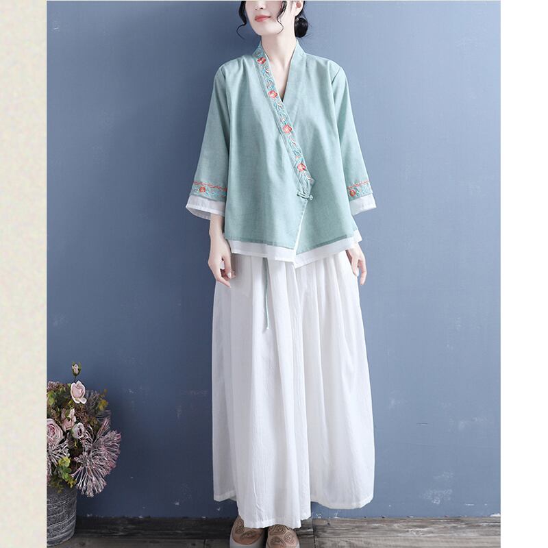 [Qing Series]★China style shirt★ Tops 5 colors White Pink Blue Purple Blue Green V-neck Embroidery Three-quarter sleeves