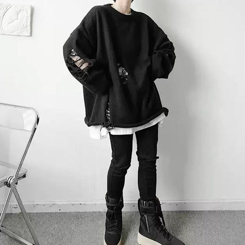 [YUANLAI Series]★Sweater★ 2color black or white knit tops, hole-cutting, unisex, loose, men's fashion