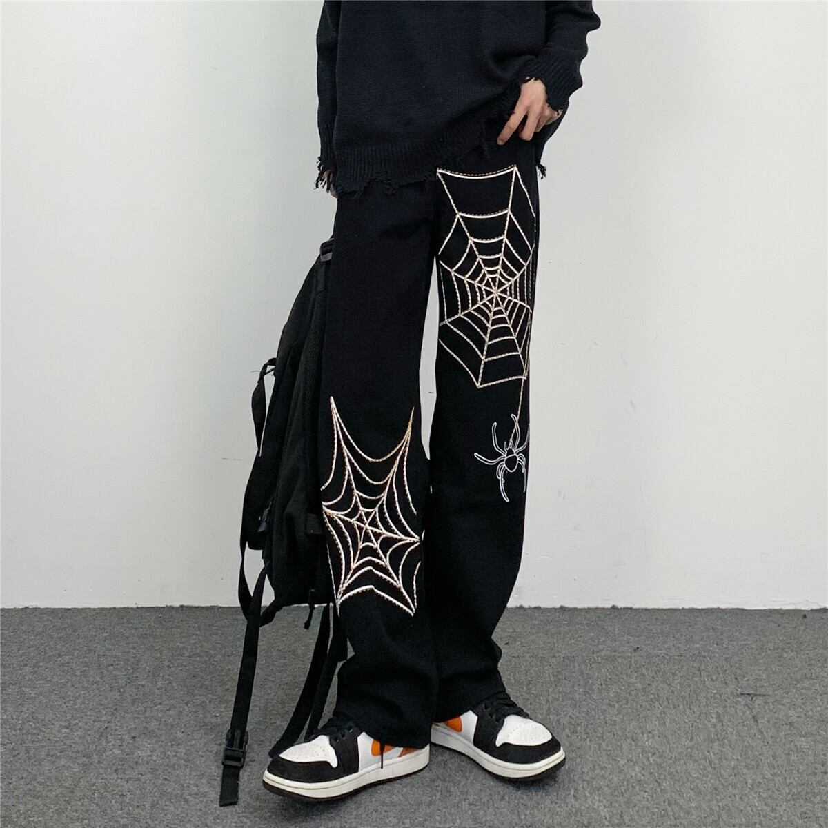 [MGJM Series]★Casual Pants★ Trousers Bottoms Denim Pants Unisex Men's Spider Black Black