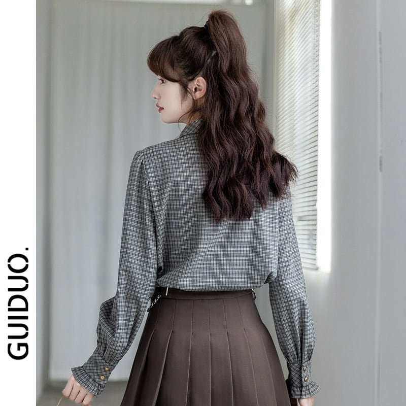 [GUIDUO Series] ★Shirt★ Tops, Long Sleeve Shirt, Plaid Pattern, Ladies, Improves Temperament, Ribbon, Cute, Date, Commuting