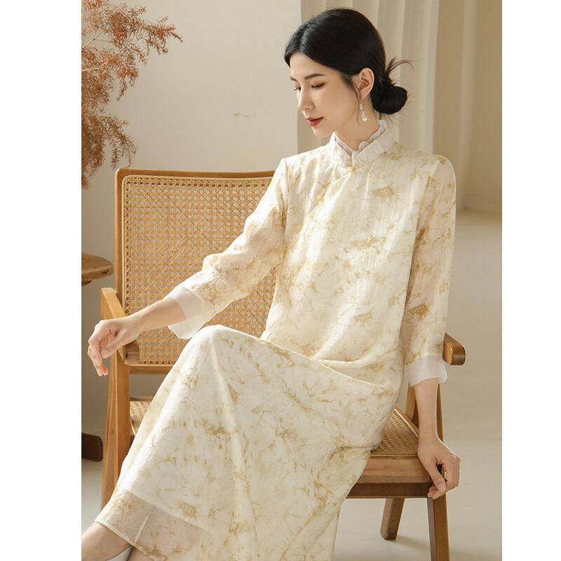 [Shimu Series] ★Chinese style dress★ Elegant Chinese clothes Tang suit Retro print Summer clothes Yellow S M L XL