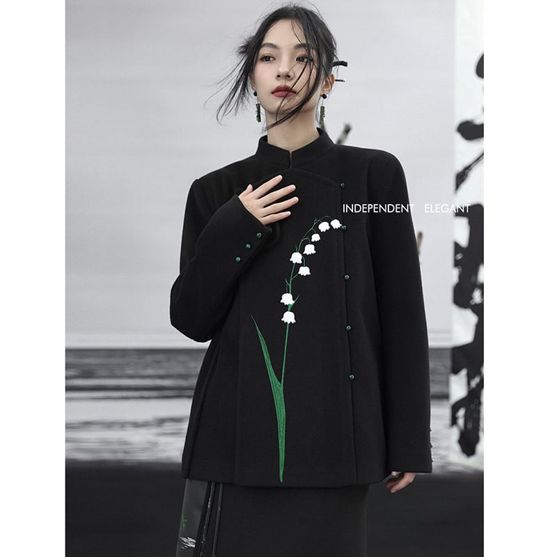 [Big Blue Dragon Series] ★Chinese style outerwear★ Blazer Lily of the Valley Rasha Embroidery Chinese Clothes Black Black