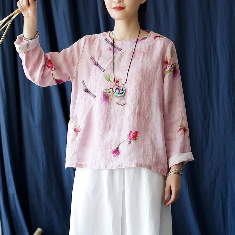 [Light ink series] ★China style tops★ Shirt Improved temperament Improved Tang suit Thin floral pattern Pink China button