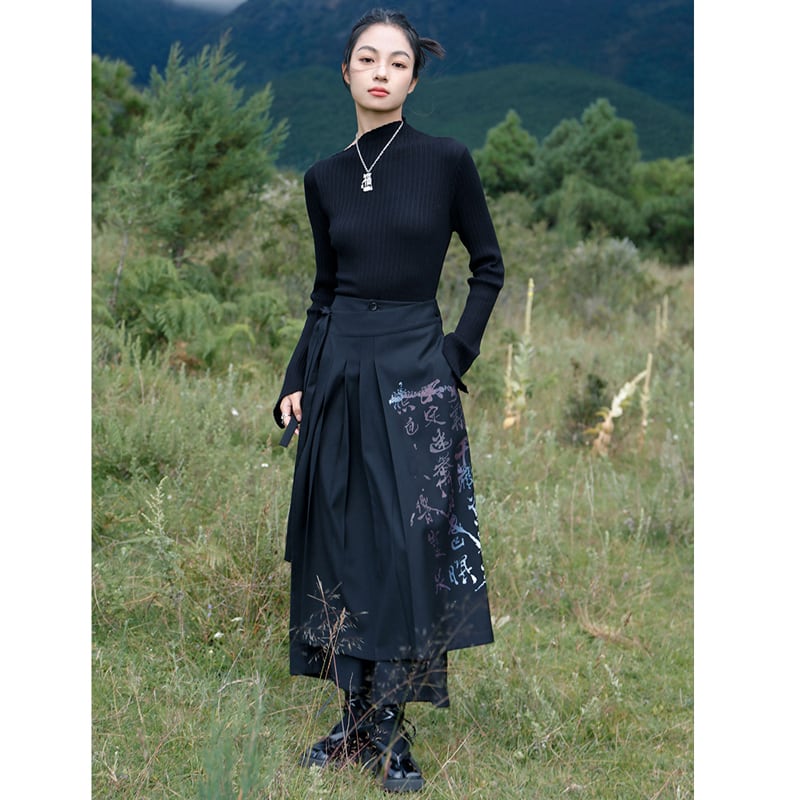 [Da Qinglong Shu Series]★China style trousers★ Gaucho pants Improved Chinese clothing Black Black Casual Cute Letter pattern