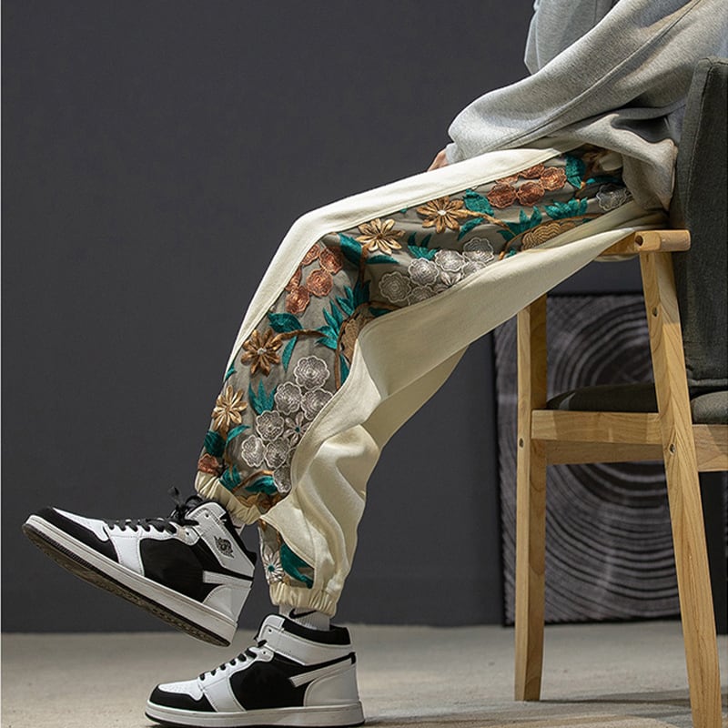 [Small trouble series] ★ Chinese style pants ★ Casual pants 4 colors Black or beige Embroidery Floral pattern Unisex Large size