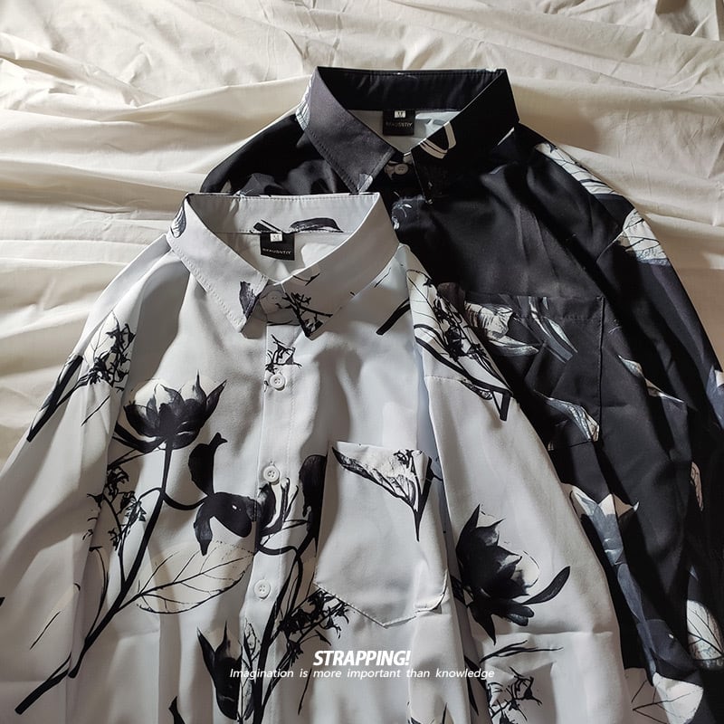 [STRAPPING Series]★Shirt★ 2color Tops Print Unisex Men's Spring Clothes Autumn Clothes Thin Black White Ink Pattern