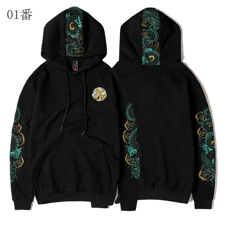 [Ryoko Series]★China style hoodie★ Tops with dragon embroidery Unisex Easy to match Large size Black Black