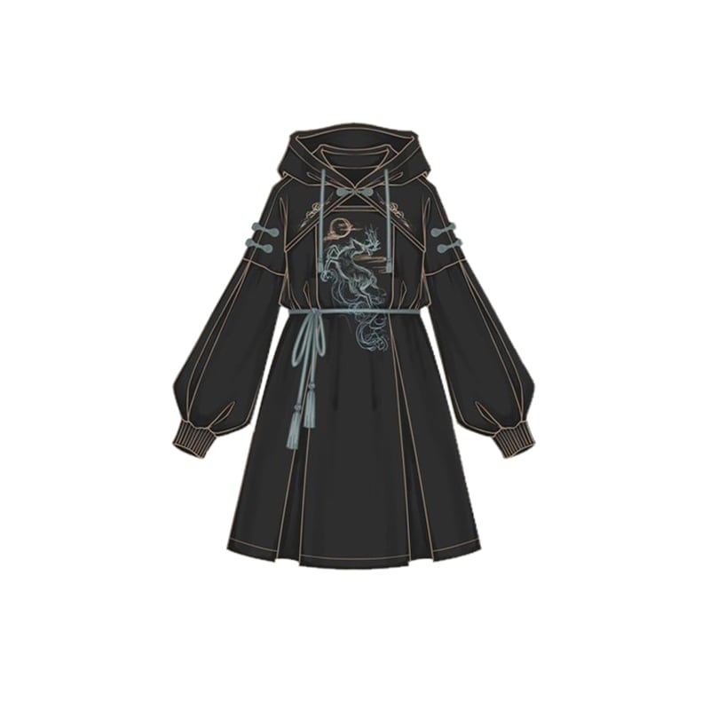 [Ochaya Series]★China style dress★ 2color black or white embroidery parka dress Chinese button cute