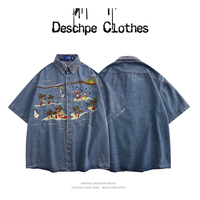 [DESCHPE Series]★Denim shirt★ Tops, short sleeve shirt, unisex, men's, embroidery, casual, unique, blue, summer clothes