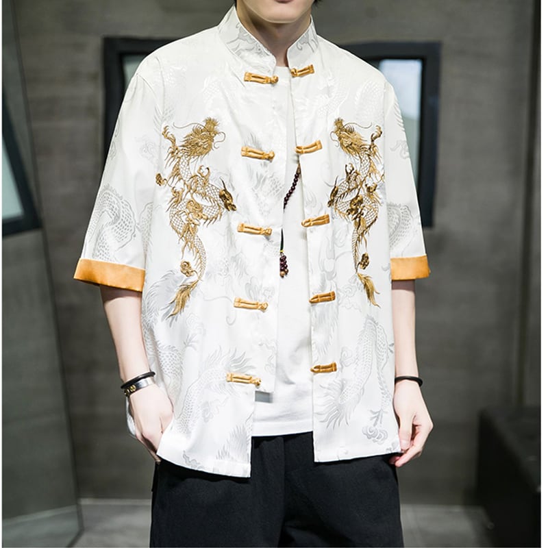 [JUNYI Series]★Chinese Style Shirt★ Embroidery Dragon 2color Unisex Men's Large Size Chinese Clothes Black White