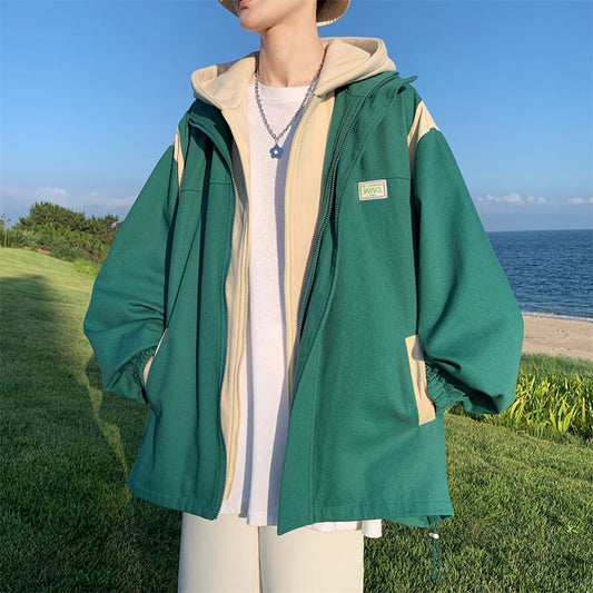 [MANYSTON series]★Jacket★ Outerwear 3color fake layered hooded unisex men's green black beige