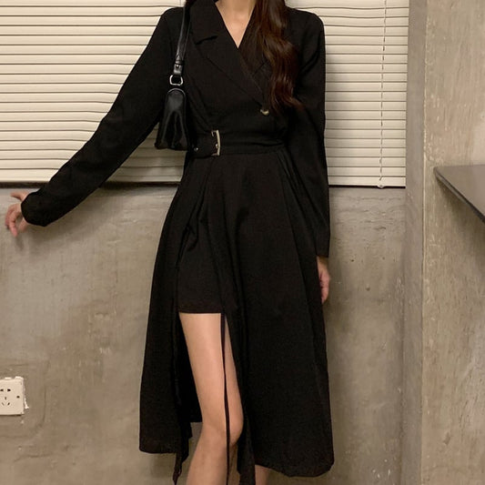 Long dress, irregular V-neck, slimming, black, super cheap, beautiful leg silhouette, fashion